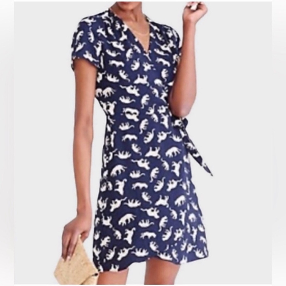 J. Crew Wrap Dress Leopard Print L6954 Size 12 Navy Cheetah Big Cat